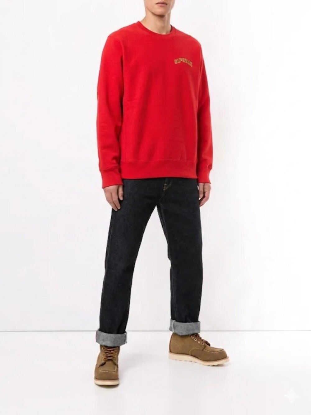 Supreme Men’s red cotton fleece lined Step Arc crewneck sweatshirt, sz L